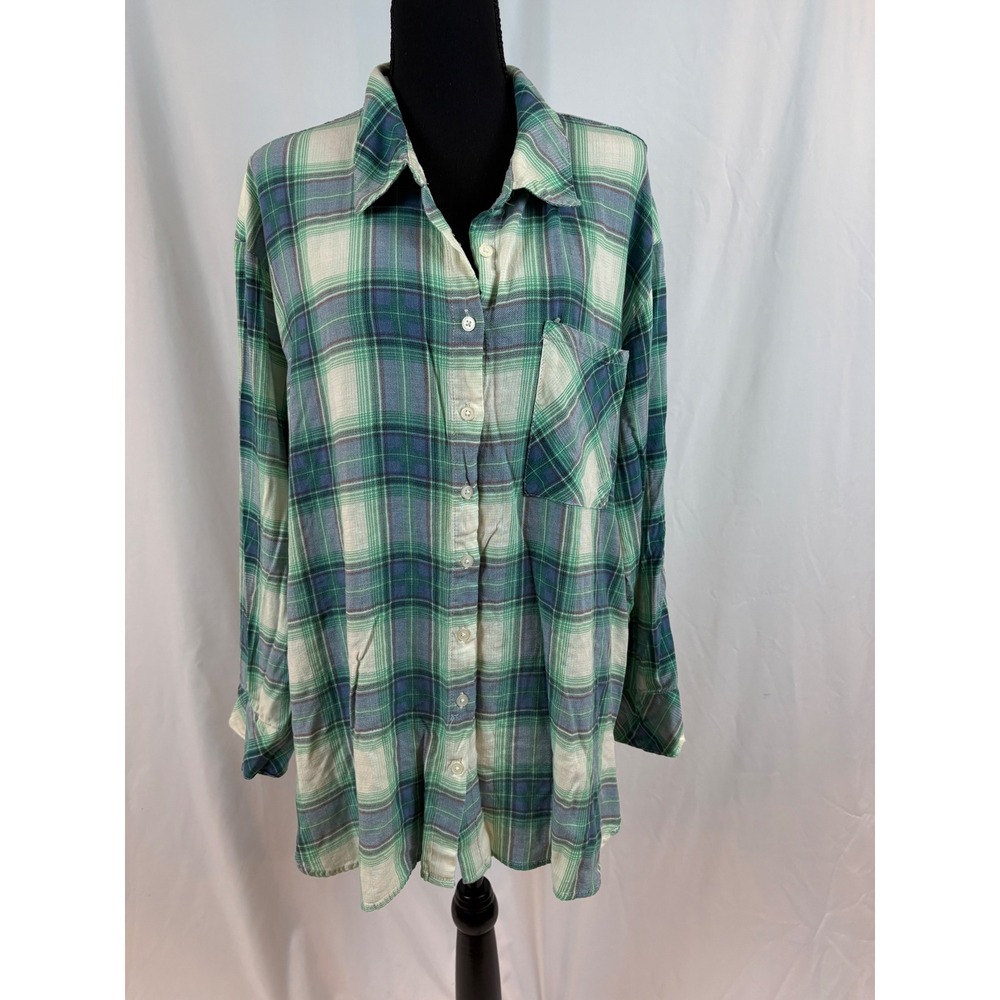 Green Blue Plaid Button Up Shirt Long Sleeve Relaxed Fit Chest Pocket